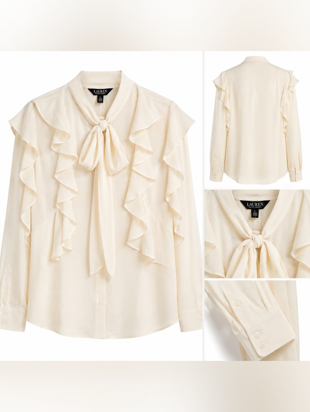 NWT Lauren Ralph Lauren Ruffle Tie Neck Blouse Winter Cream Long Sleeve Size L.